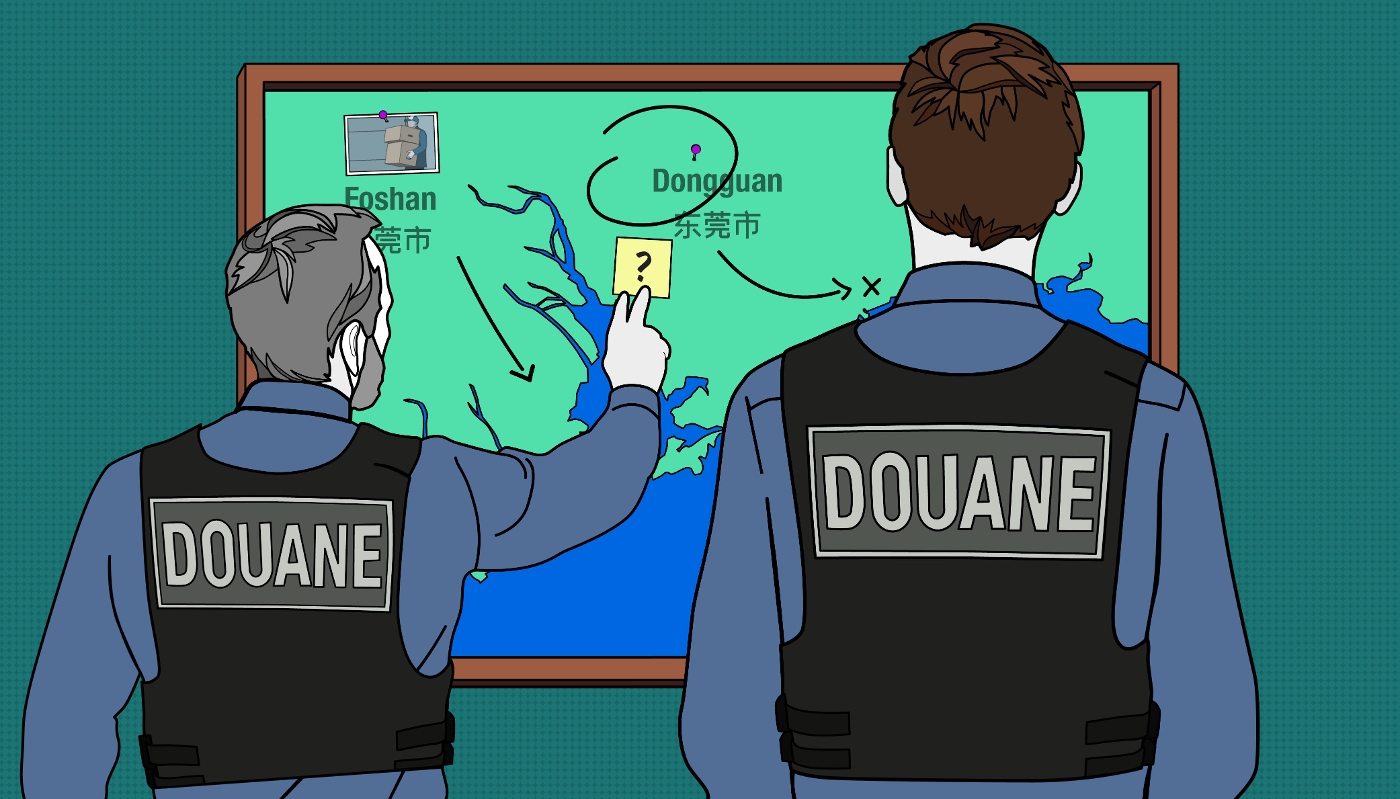 Customs officers monitoring the map of the main activity zones of the new independent Chinese counterfeiters.