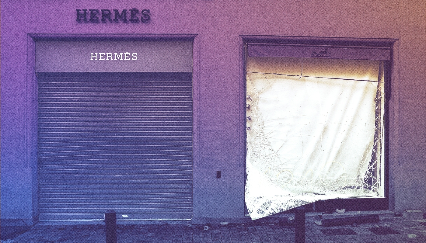 The shopfront of Hermès's Marseille store, looted on 17 October.