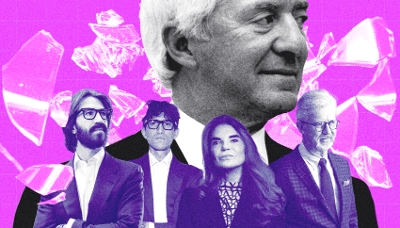 Since the death of patriarch Leonardo Del Vecchio, the family has been torn apart. From left to right: Leonardo Maria Del Vecchio, Rocco Basilico, his widow Nicoletta Zampillo Del Vecchio and Claudio Del Vecchio. 