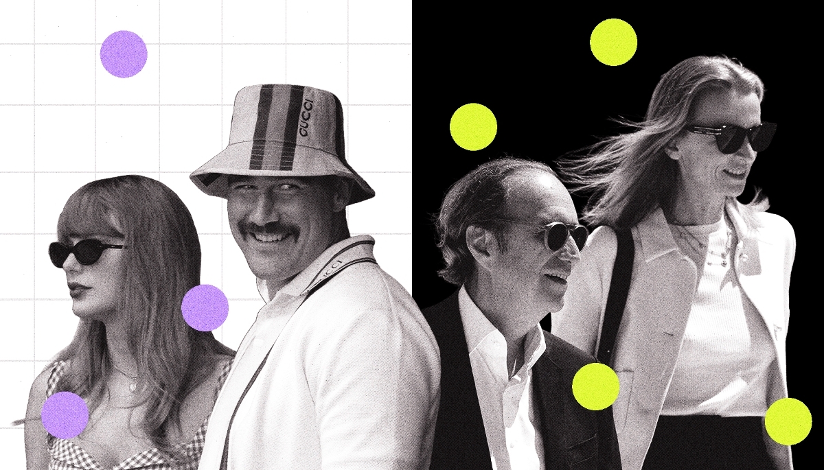 Couples de pouvoir : Taylor Swift et Travis Kelce (à g.) et le duo Delphine Arnault-Xavier Niel. 