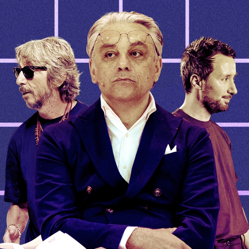 Le patron de Kering, Luca de Meo, entouré des créateurs Pierpaolo Piccioli (à g., Balenciaga) et Anthony Vaccarello (Saint Laurent).